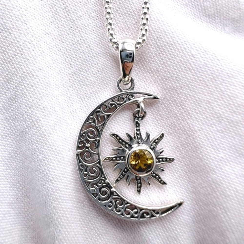 Genuine Citrine .925 Sterling Silver Moon Necklace - Picture 4 of 17